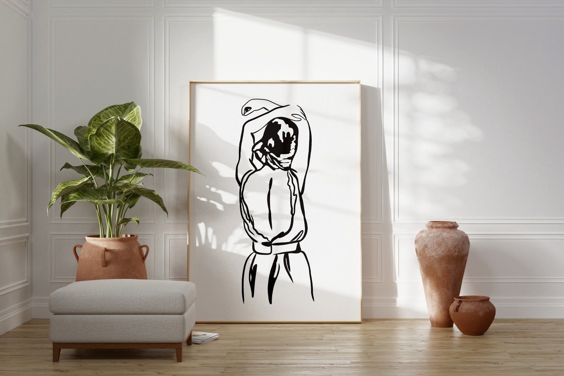 Woman From Behind Flowing Headscarf Black White Line Art Poster - Image 3