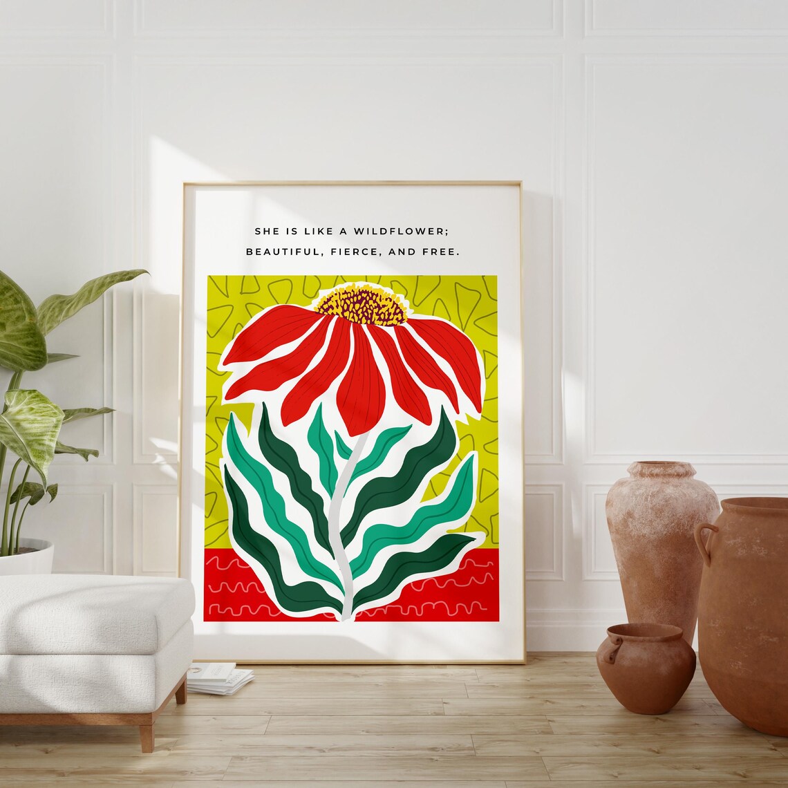She Is Like A Wildflower Beautiful Fierce Free Red Daisy Quote Poster