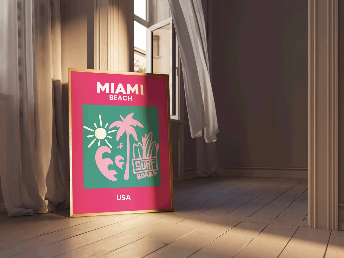 Miami Beach Retro Surf Tropical Palm Pink Teal Summer Travel Poster - Image 4