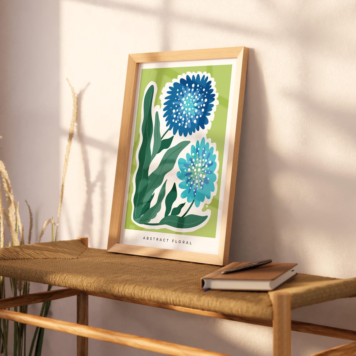 Abstract Floral Blue Blooms Green Background Modern Botanical Wall Art - Image 3