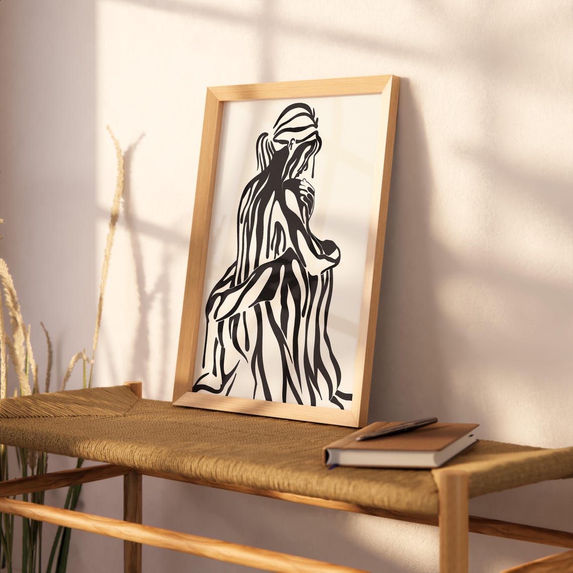 Flowing Hair Woman Silhouette Black Line Art Beige Modern Wall Art - Image 2