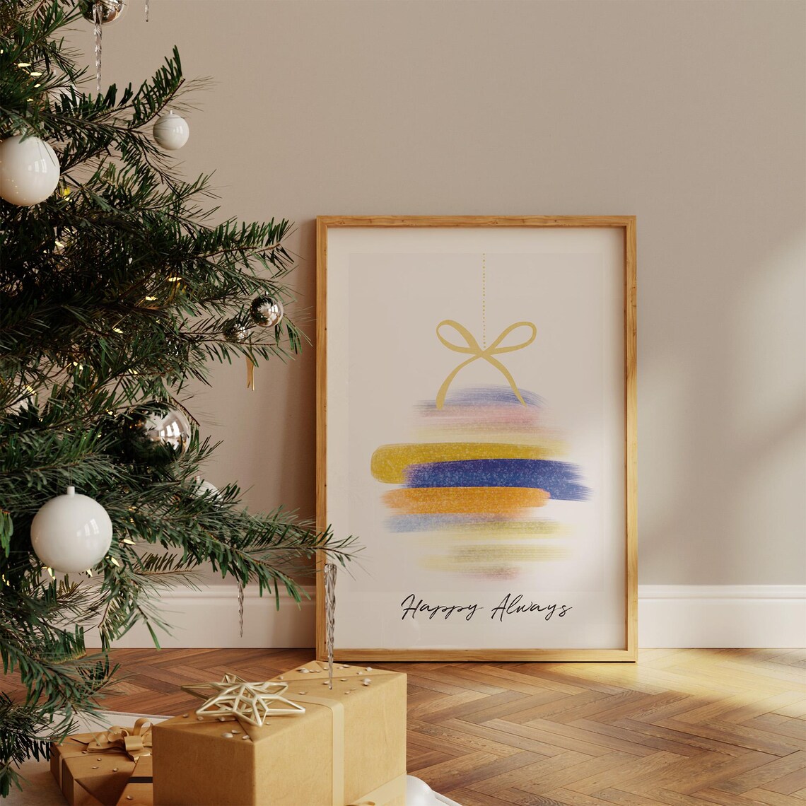 Abstract Watercolor Christmas Ornament Rainbow Gold Bow Happy Wall Art