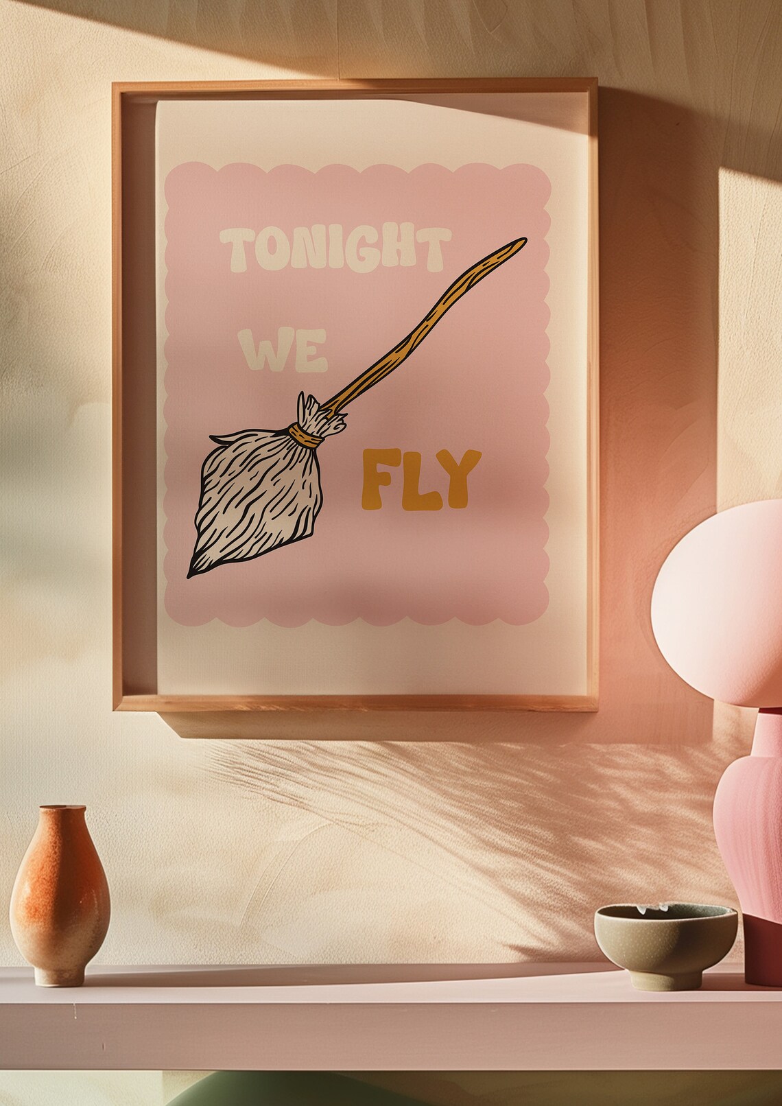 Tonight We Fly Witch Broom Pink Cute Retro Quote Halloween Wall Art - Image 3