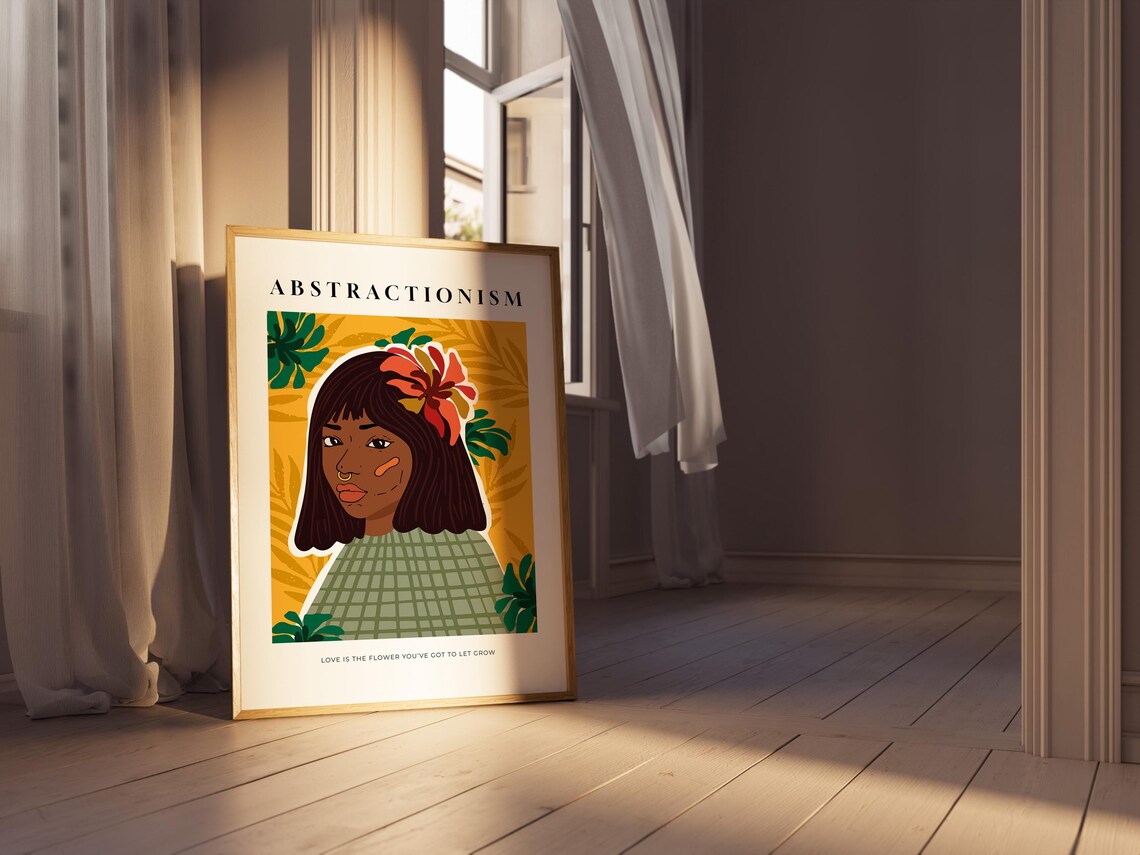 Abstractionism Woman Portrait Hibiscus Flower Gold Botanical Wall Art - Image 3