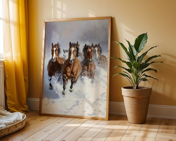 Horses Galloping Through Deep Snow Rustic Winter Painting Poster
