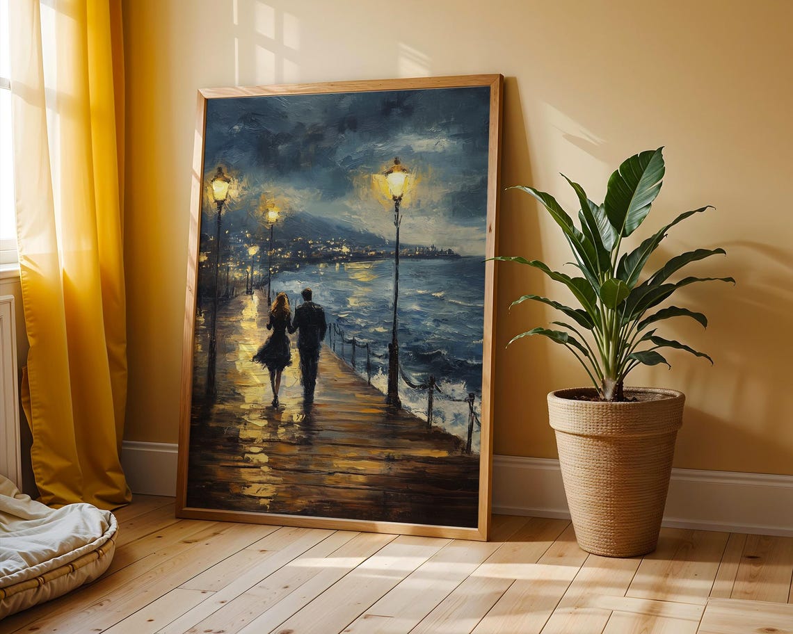 Evening Boardwalk Stroll Couple By Moonlit Sea Romantic Poster