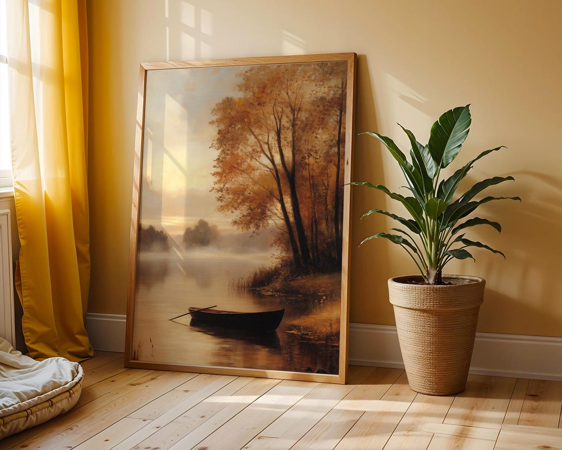Peaceful Autumn Lakeside Tranquil Fall Reflection Rustic Golden Trees Serene Nature Scene Wall Art 9