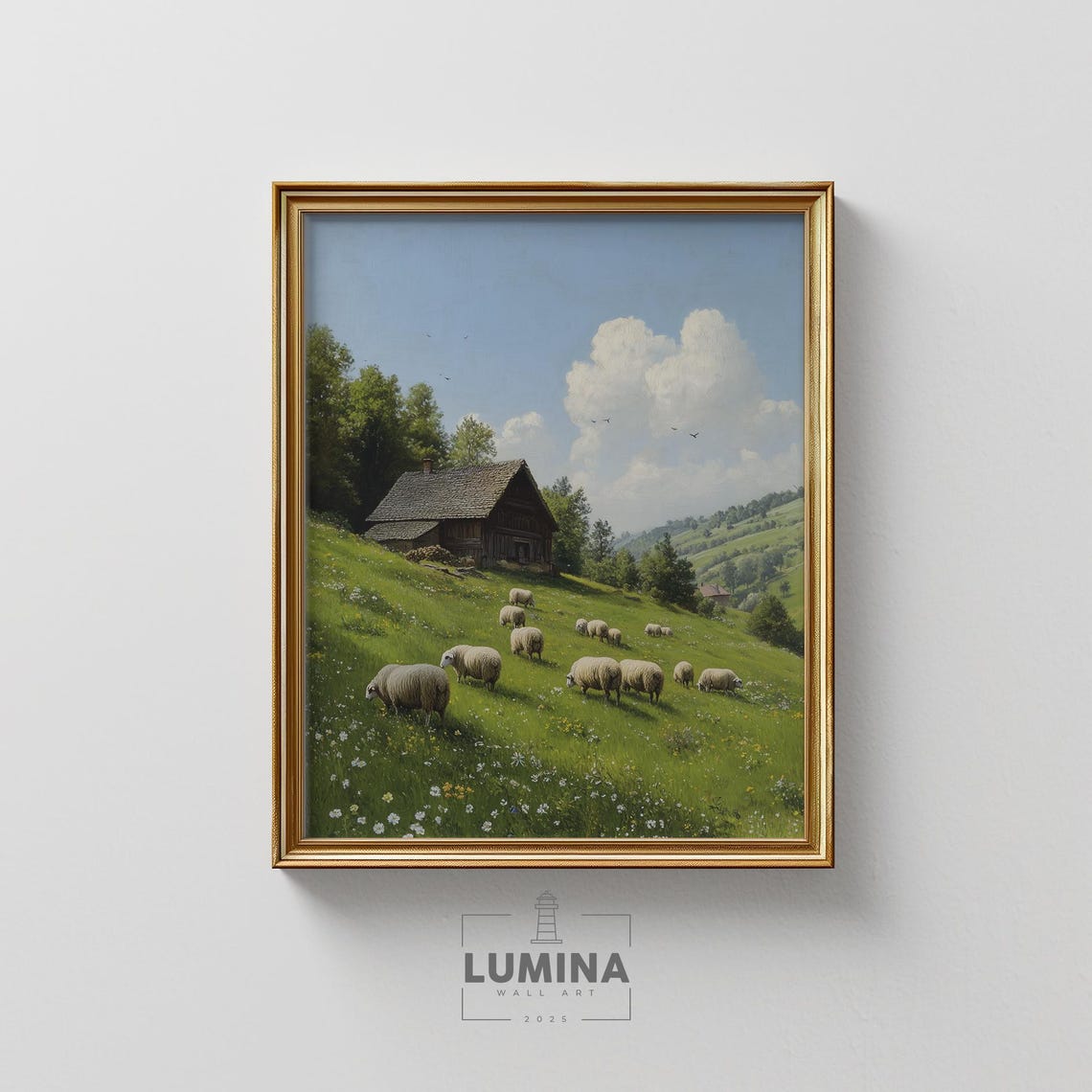 Sheep Grazing Green Pasture Barn Rustic Farmhouse Art Poster