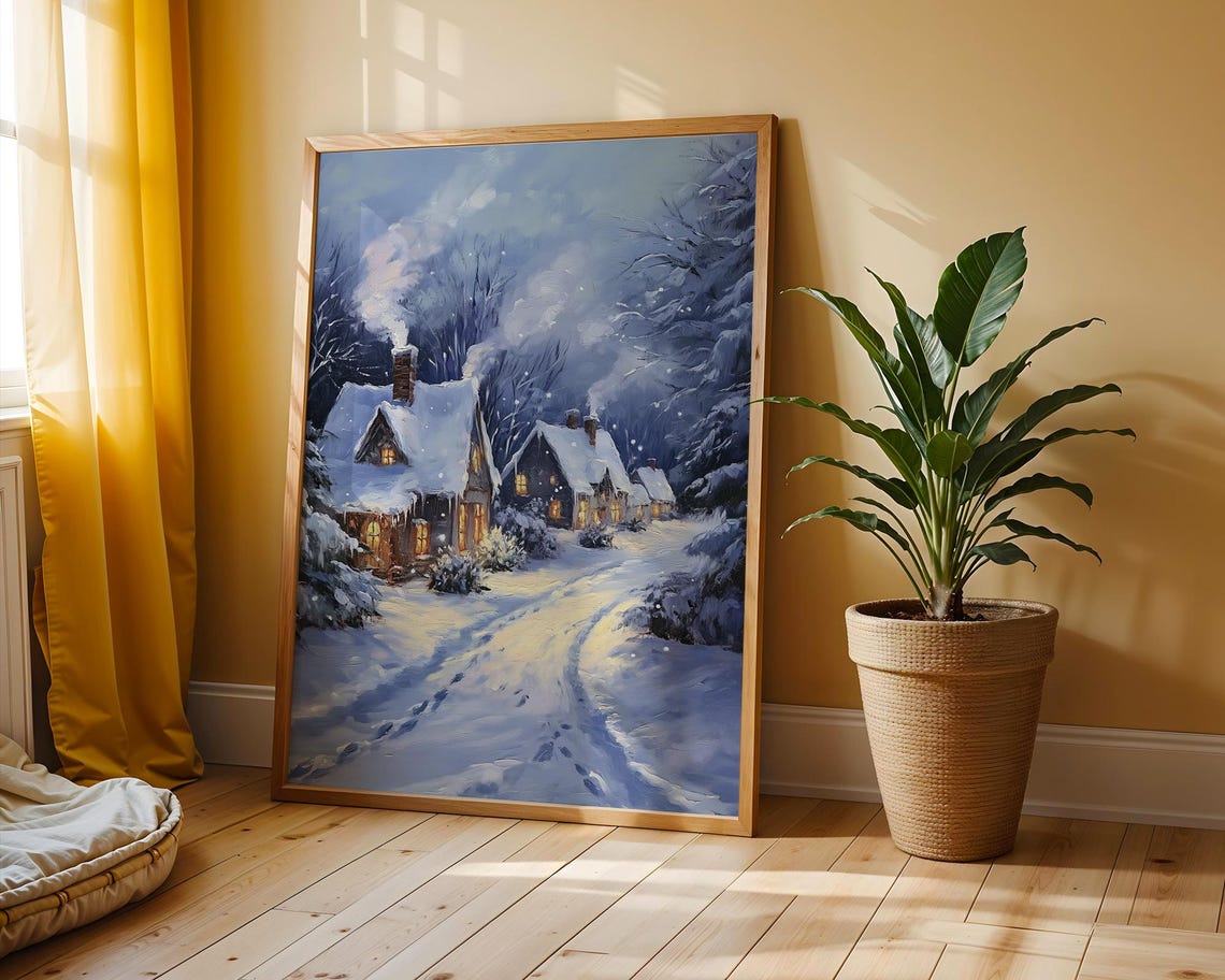 Snow Covered Village Cottages at Dusk Cozy Winter Evening Poster