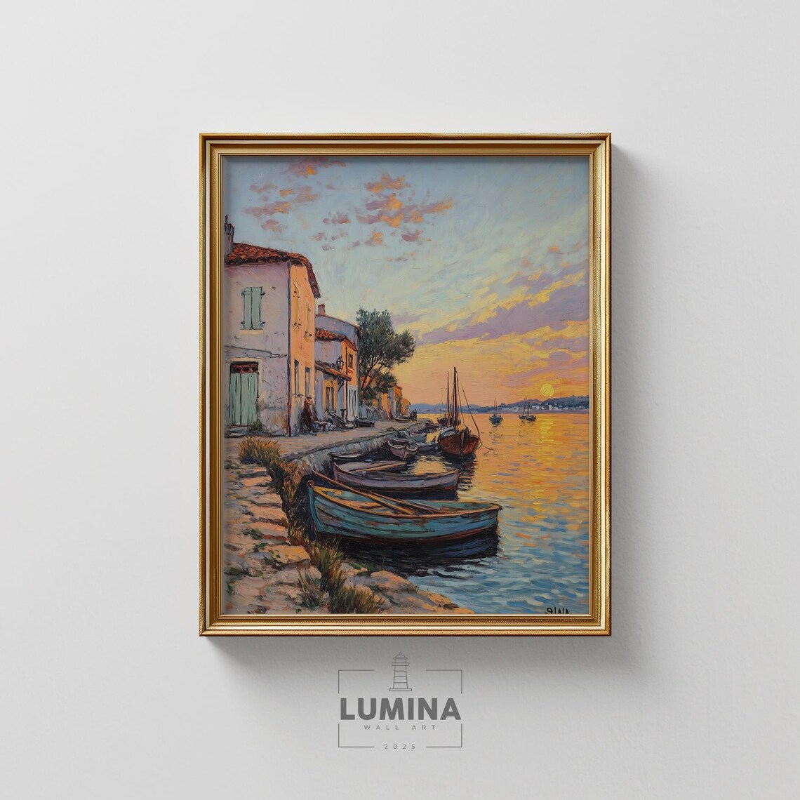 Twilight Fishing Village Wooden Boats Golden Sunset Oil Painting Poster