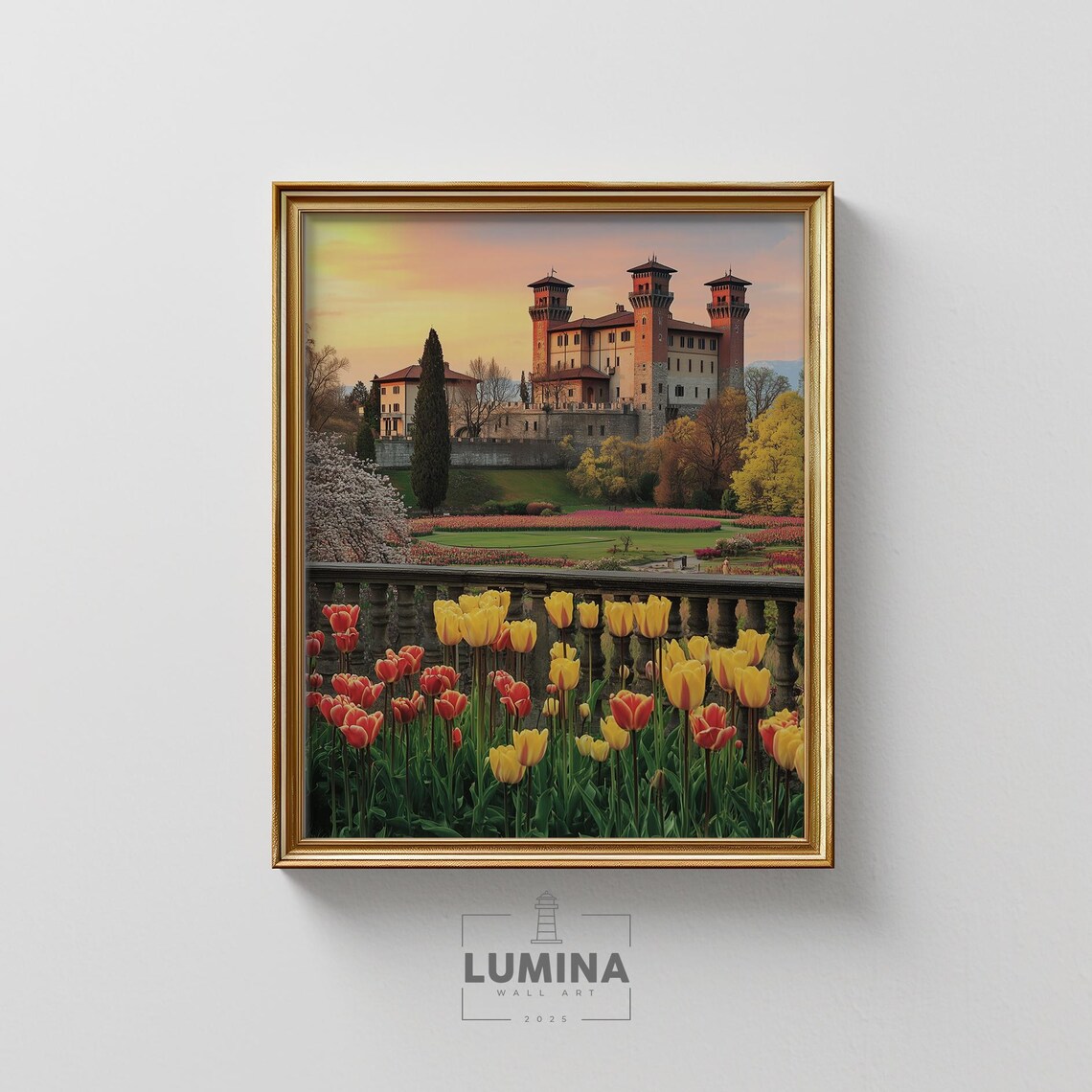 Italian Castle Sunset Tulip Garden Romantic Fairytale Landscape Poster
