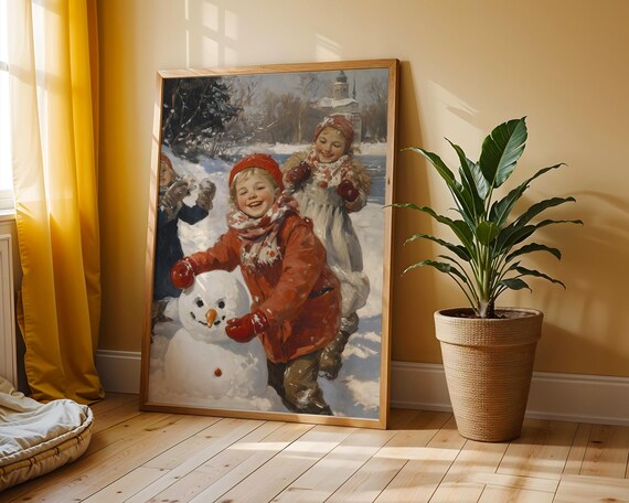 Joyful Children Building Snowman Vintage Winter Scene Poster