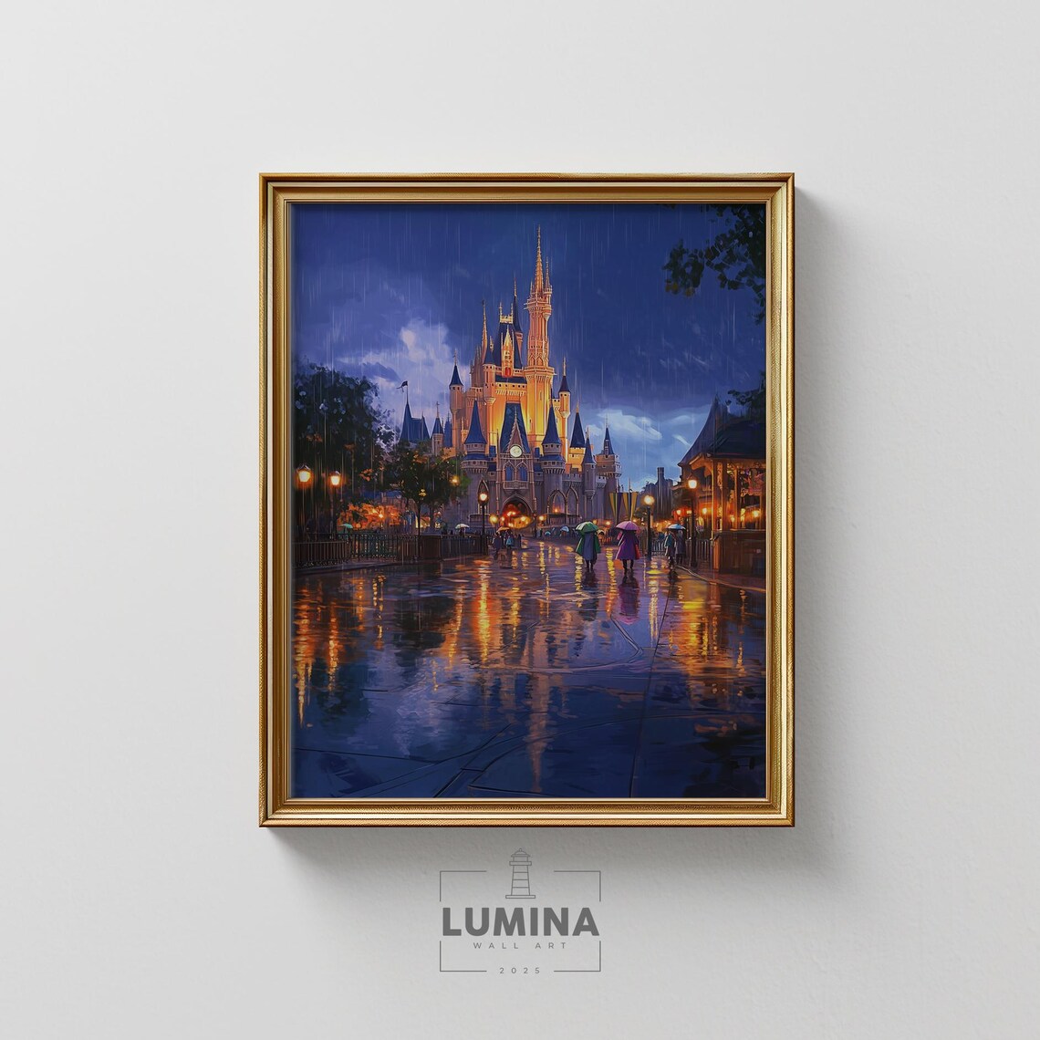 Enchanted Fairytale Castle At Night In Rain Umbrella Street Wall Art