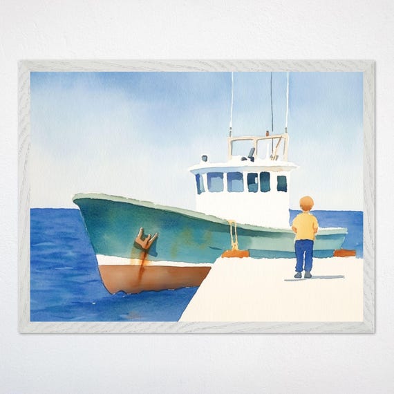 Fishing Boat Nursery Wall Art Nautical Ocean Art Coastal Fishing Poster Gender Neutral Kids Room Decor