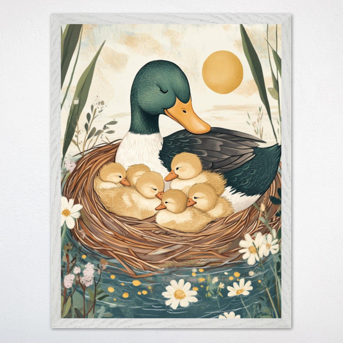 Mallard Mother Duck with Six Ducklings Resting in a Nest Poster