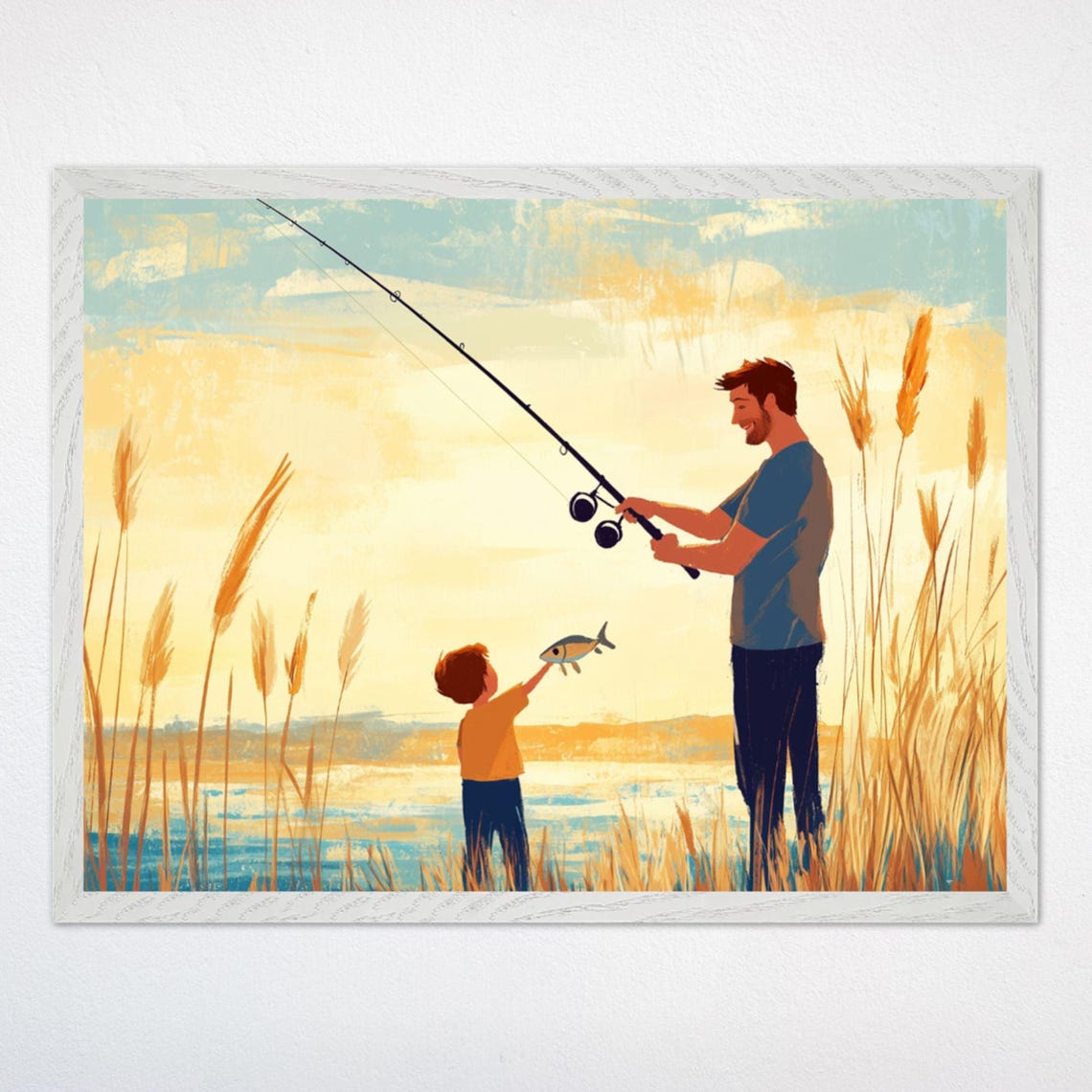 Father and Son Catching a Fish Together at Sunset Lake Scene Poster
