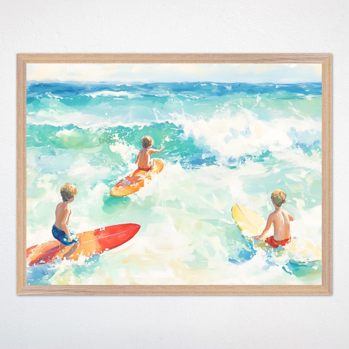 Three Boys Surfing Turquoise Waves on Colorful Boards Kids Poster
