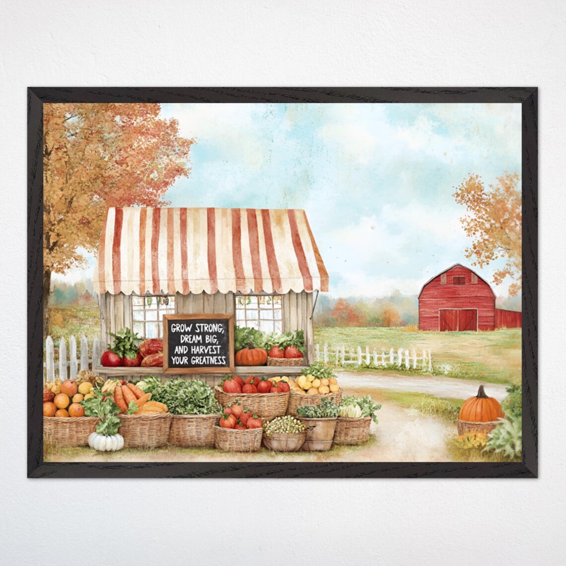 Farmers Market Stand with Inspirational Harvest Sign Fall Art Poster
