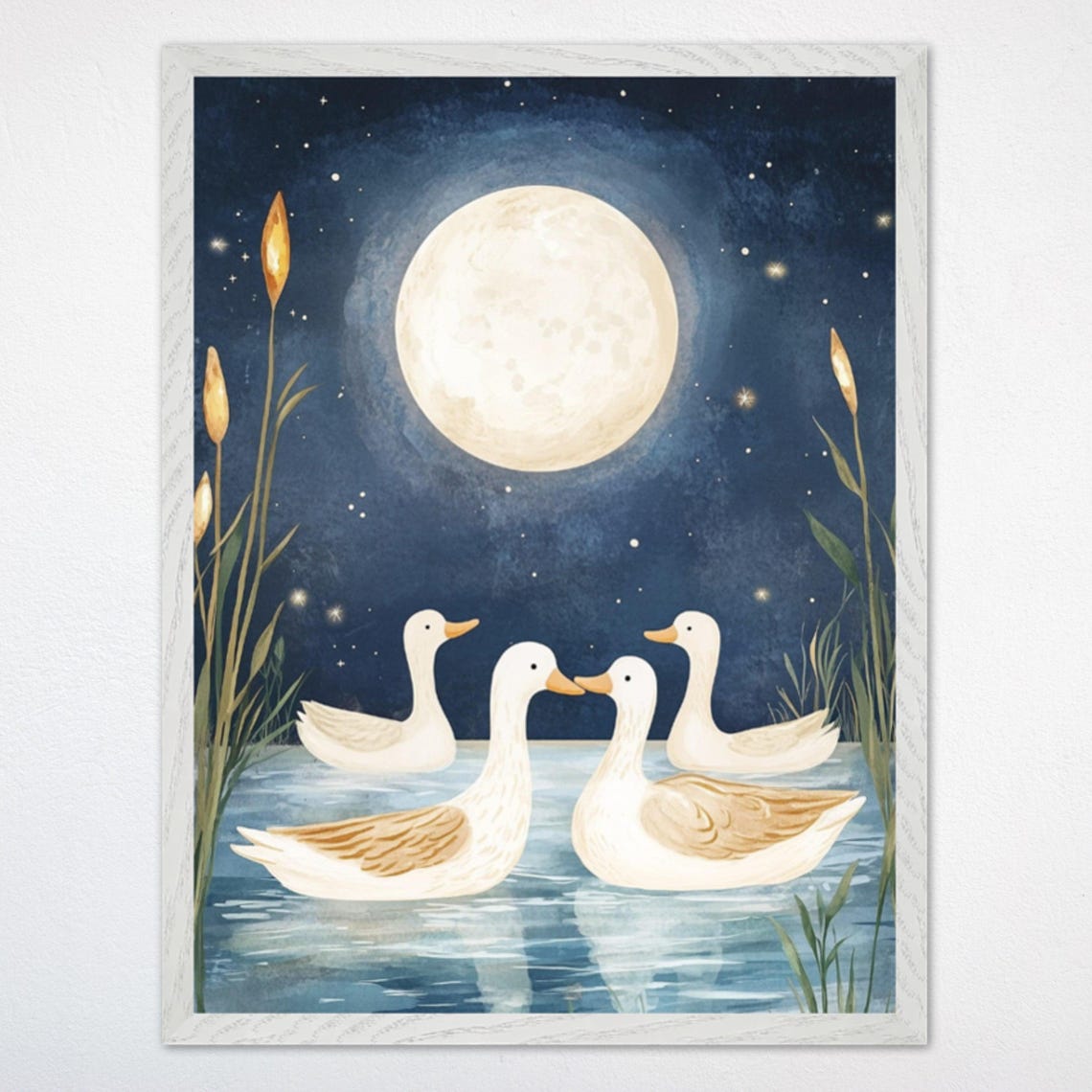Four White Ducks Under a Full Moon on a Starry Pond Kids Poster
