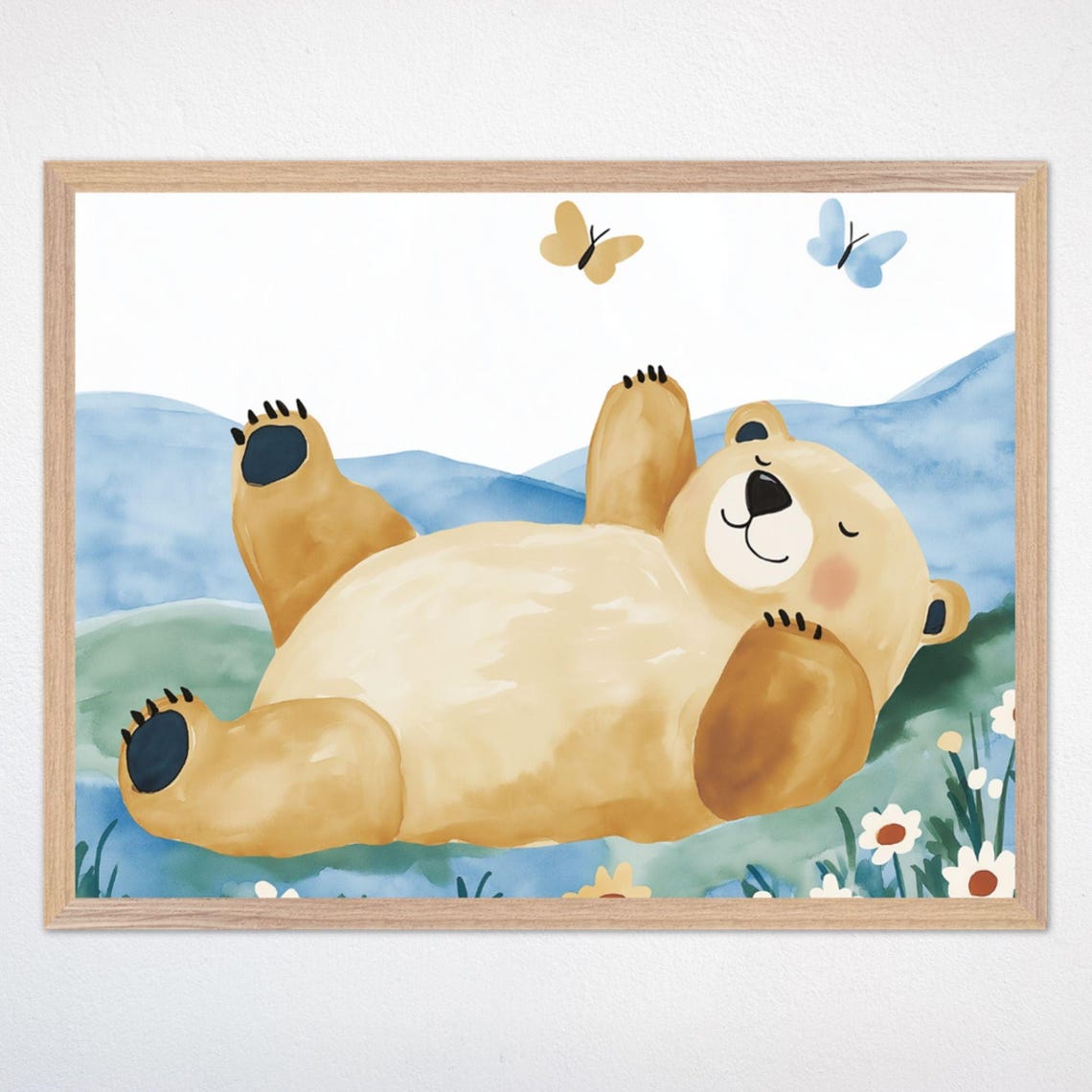 Chubby Bear Relaxing in Flower Meadow Watercolor Nursery Poster