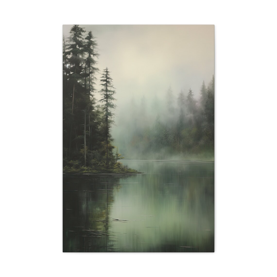 Misty Forest Lake Art Print, Tranquil Landscape