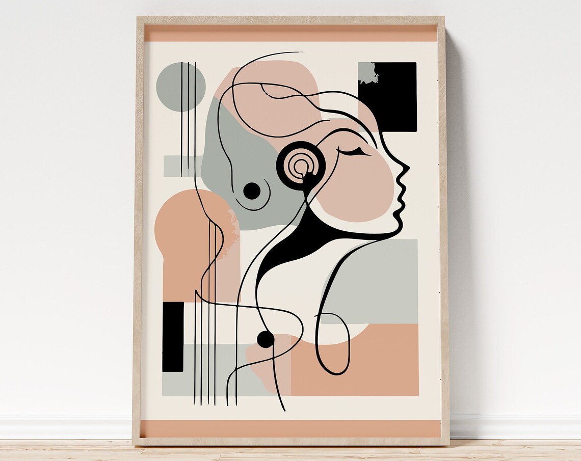 Abstract Woman With Headphones Line Art Music Lover Cafe Poster