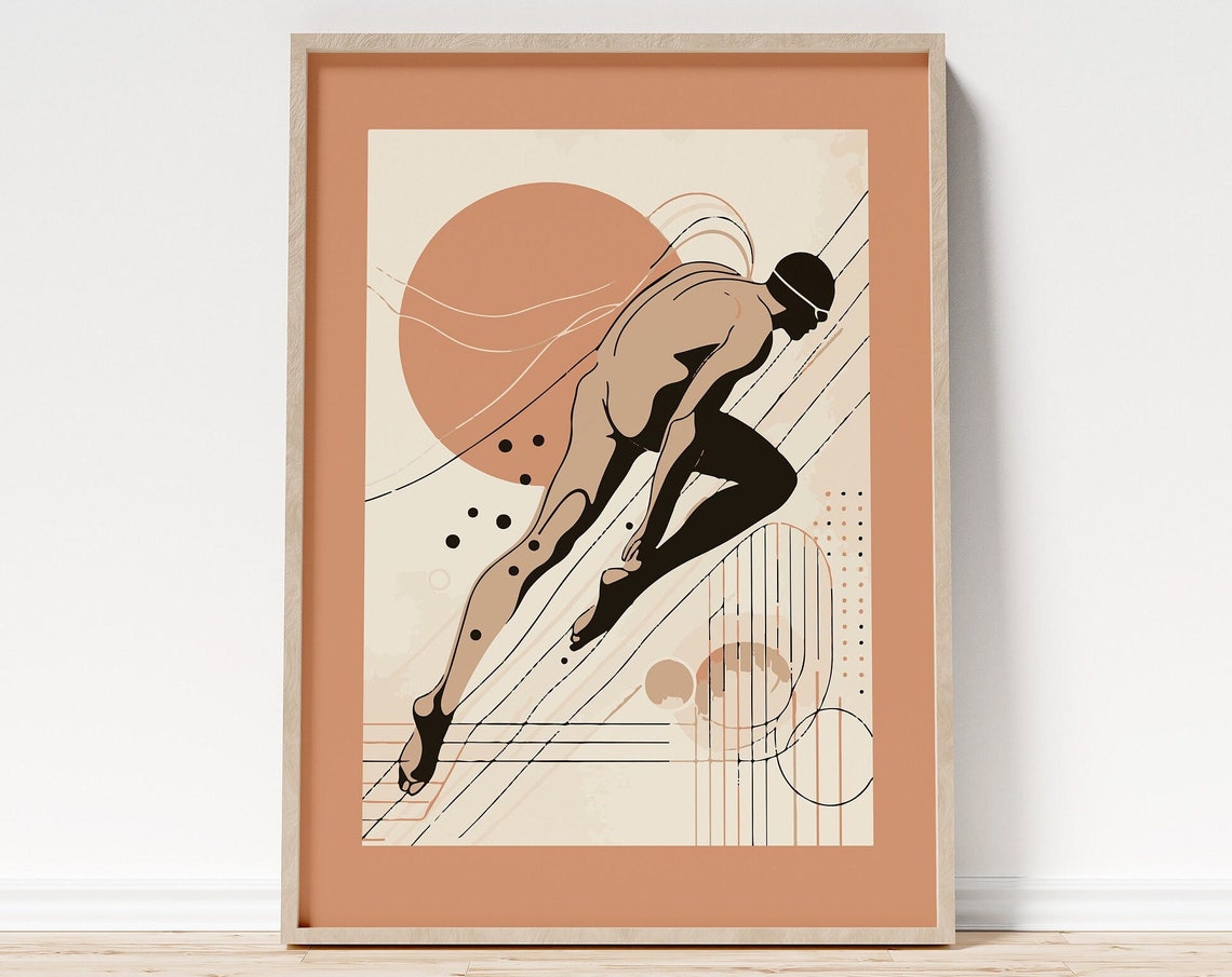 Abstract Diver Swimmer Terracotta Sunset Dive Art Minimalist Poster