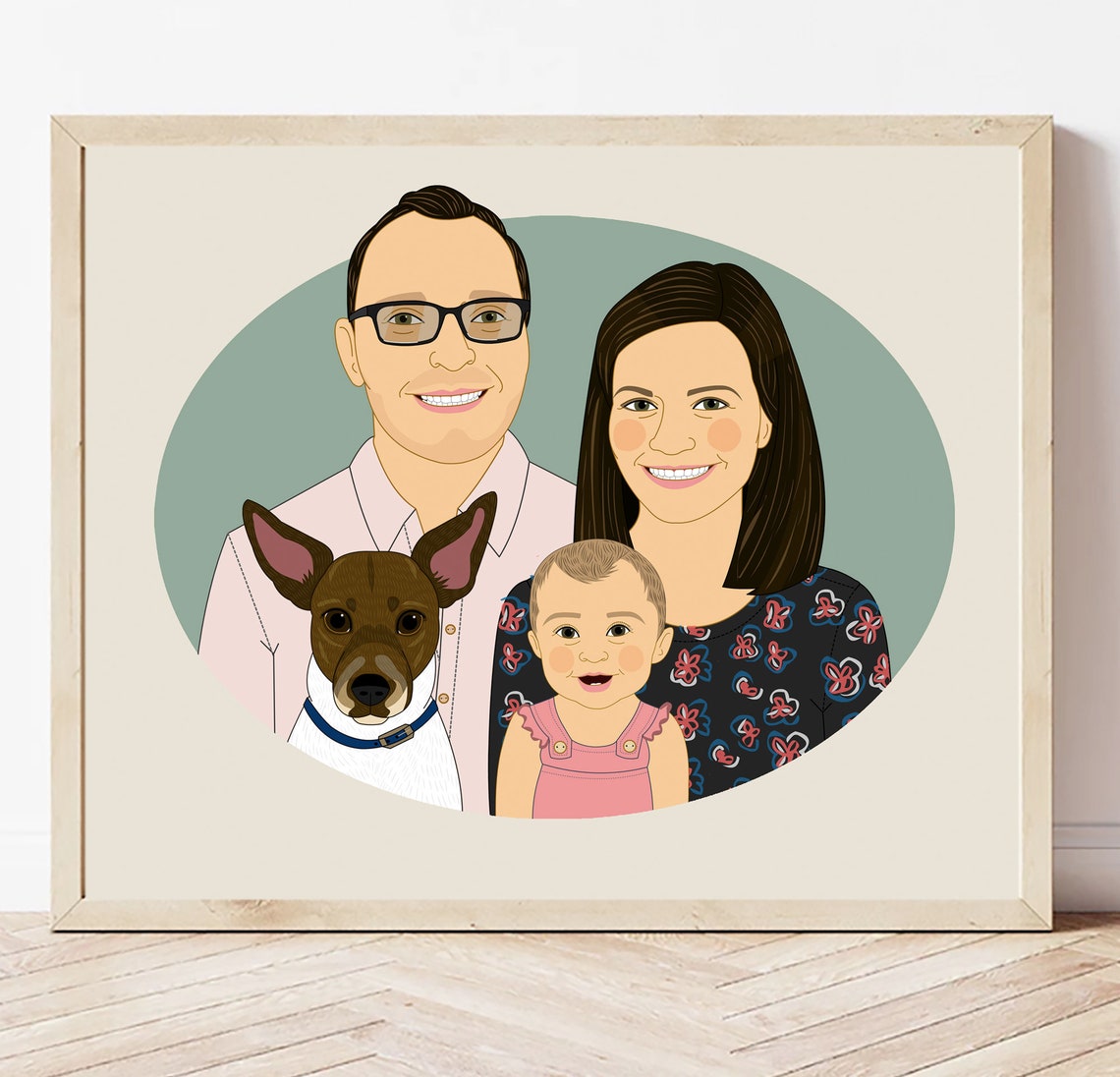 Family of Three With Tan Dog Custom Illustrated Portrait Poster - Image 4