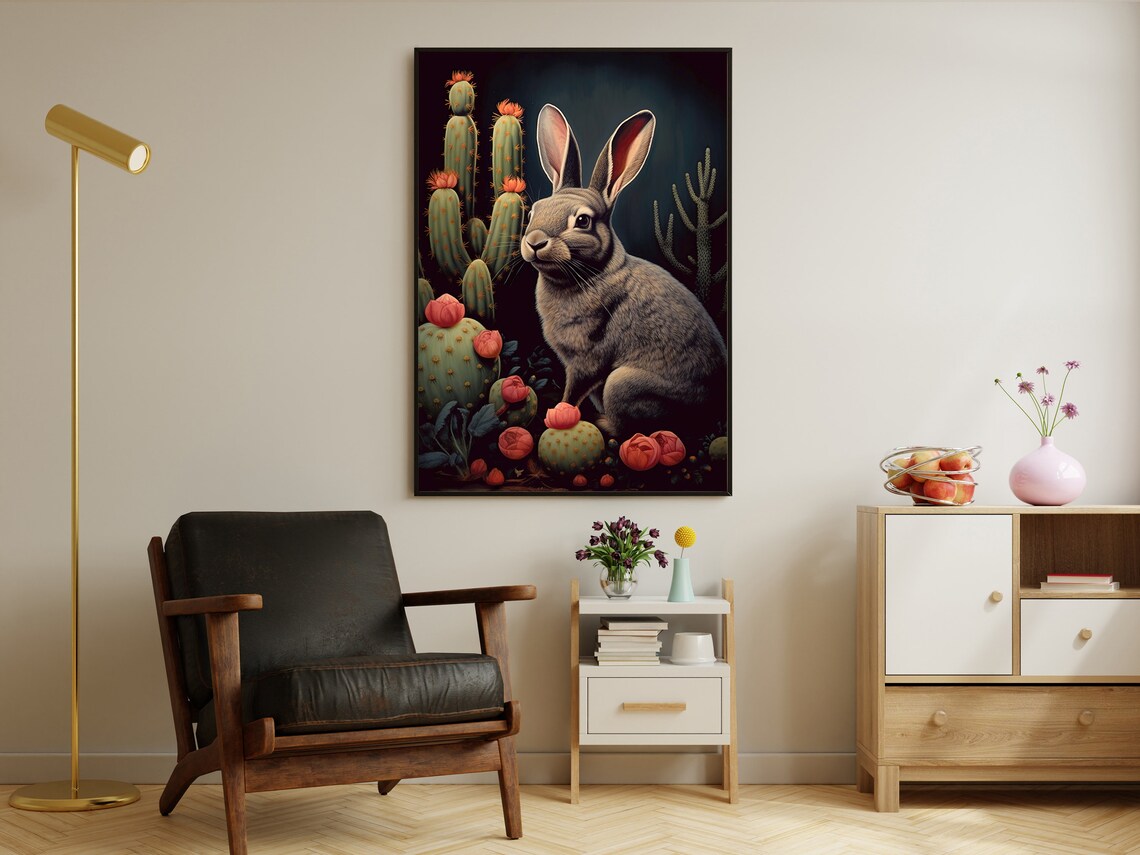 Desert Rabbit Cactus Garden Dark Vintage Wildlife Bunny Painting Art Poster - Image 3