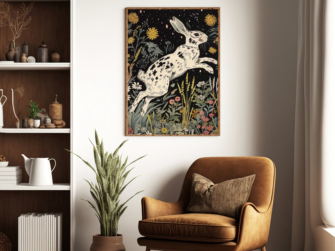 Leaping White Rabbit Night Garden Wildflower Cottage Art Poster - Image 4