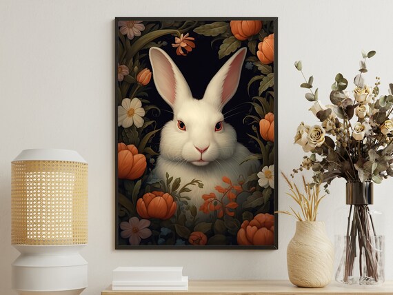 White Rabbit Among Orange Tulips Dark Botanical Woodland Cottagecore Wall Art