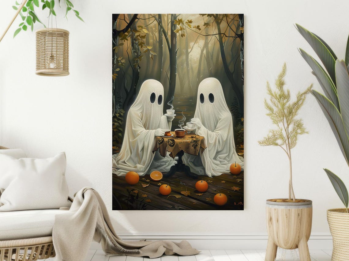 Two Ghosts Having Tea Party in Autumn Forest Cozy Cottagecore Poster - Image 2