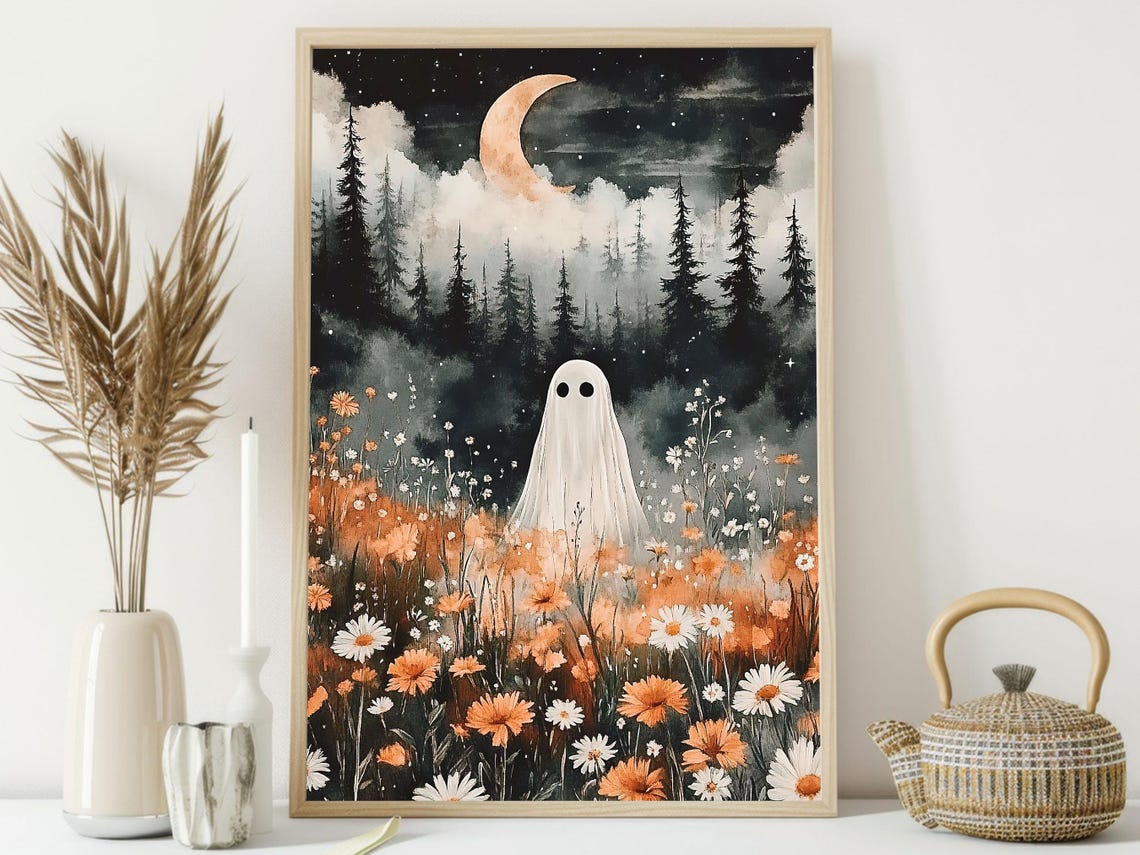 Lonely Ghost in Wildflower Meadow Under Crescent Moon Night Art Poster - Image 3