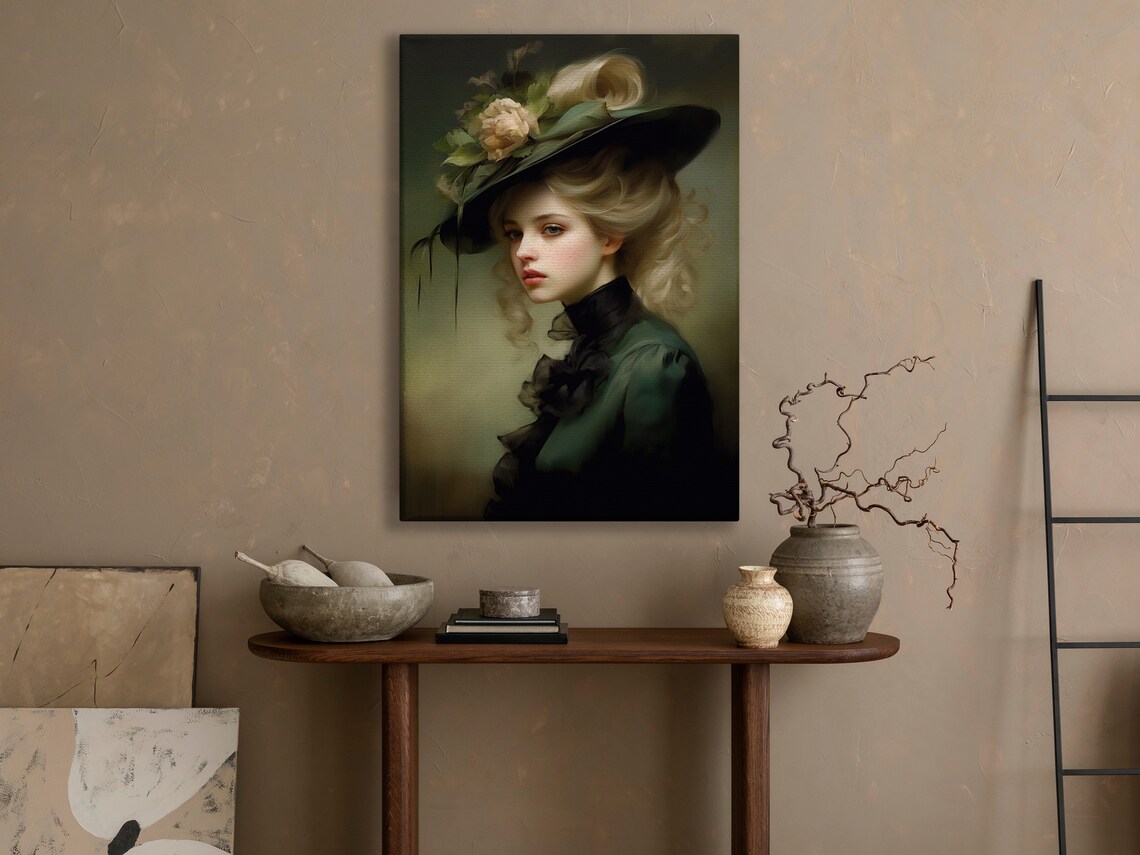 Victorian Lady Green Feathered Hat Rose Oil Painting Gothic Portrait Poster - Image 4