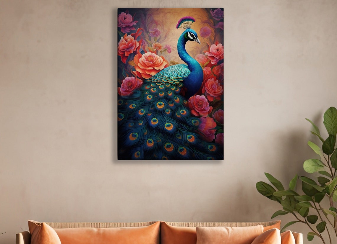 Vibrant Peacock Among Coral Roses Warm Sunset Glow Animal Wall Art - Image 2