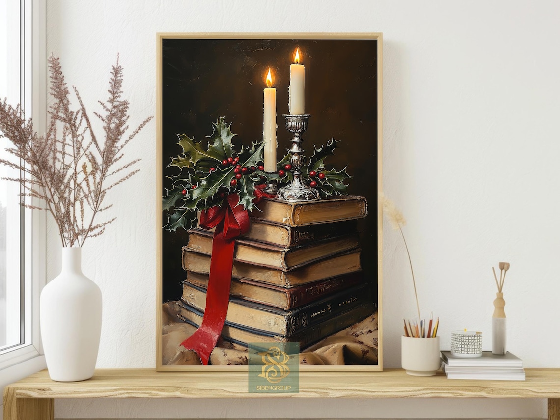 Old Books Tied With Red Ribbon Candles and Holly Vintage Art Print - Image 3