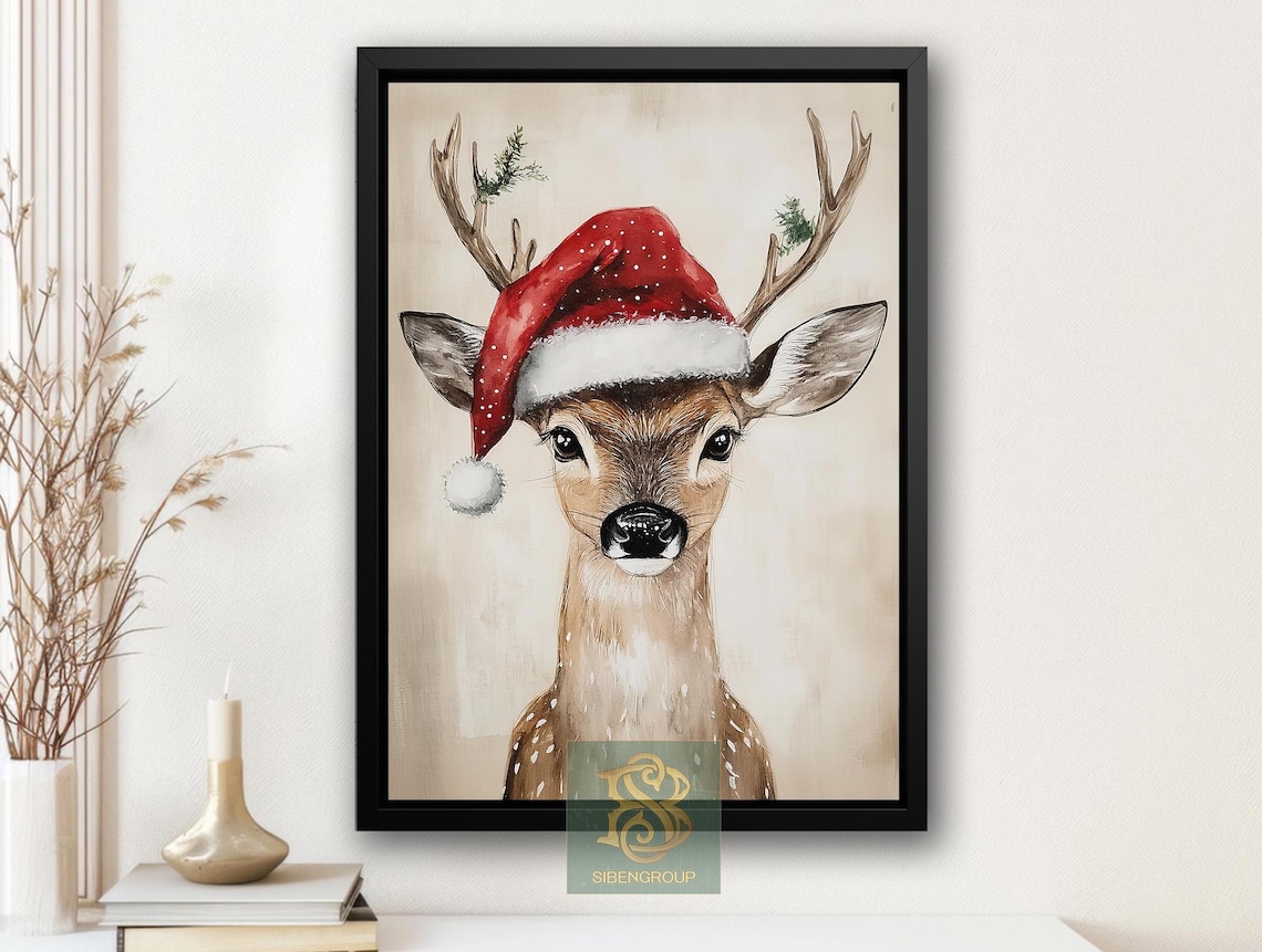 Baby Deer Wearing Santa Hat With Pine Sprigs Watercolor Art Print