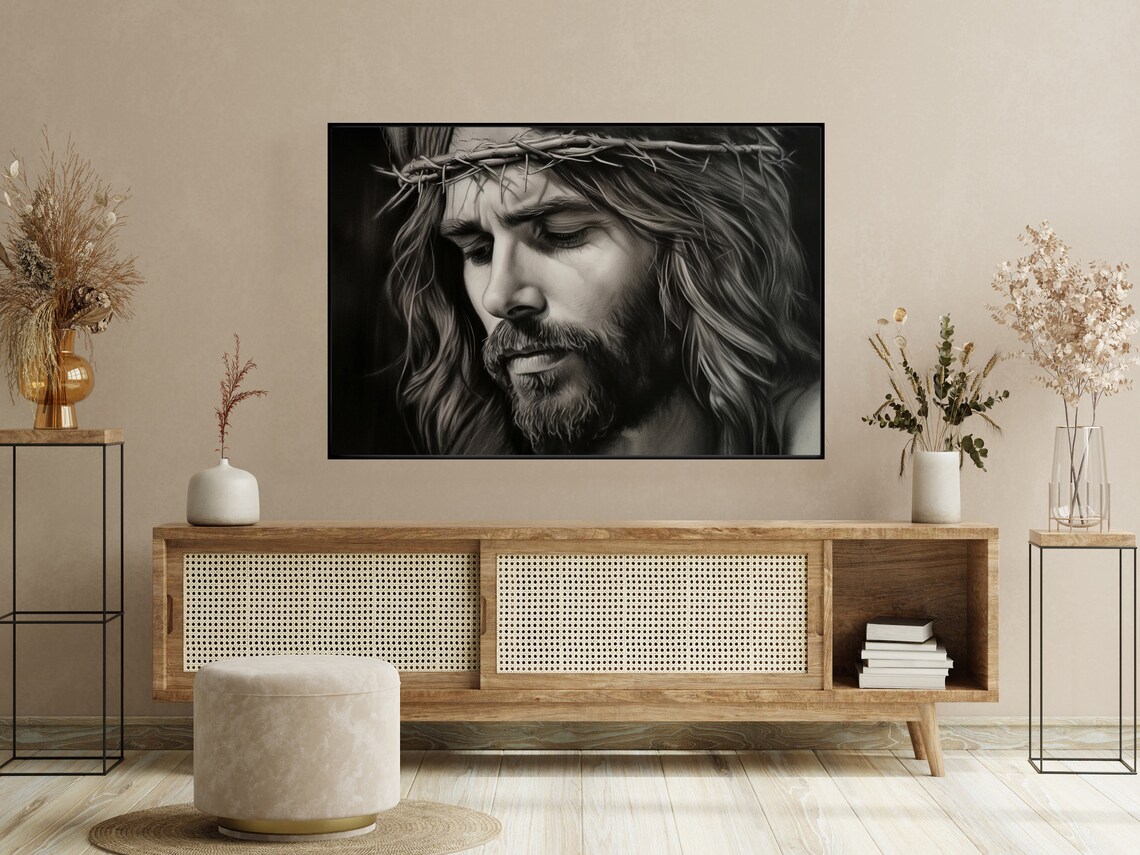 Jesus Crown of Thorns Monochrome Faith Portrait Christian Poster - Image 3