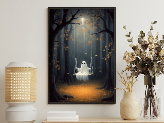Cute Ghost On Swing Misty Autumn Forest Moonlit Halloween Painting Poster