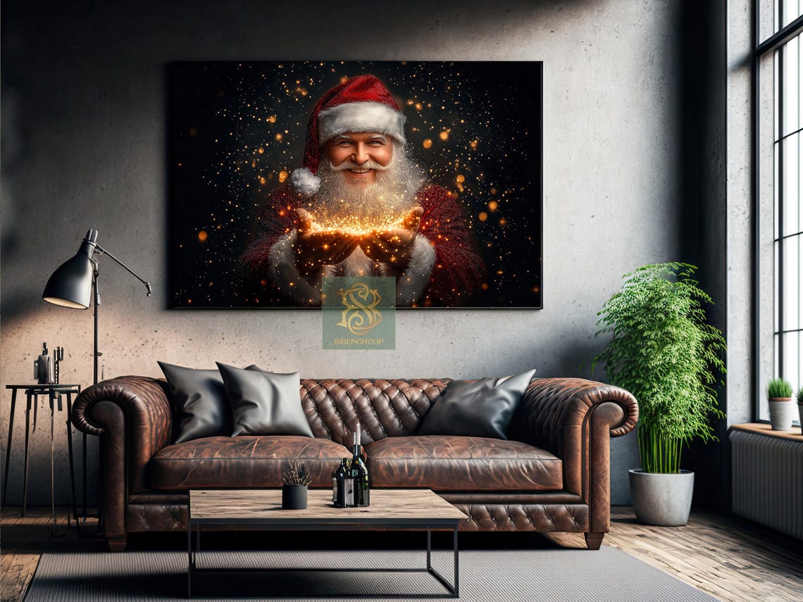 Santa Claus Holding Golden Magic Lights on Dark Starry Night Poster - Image 3