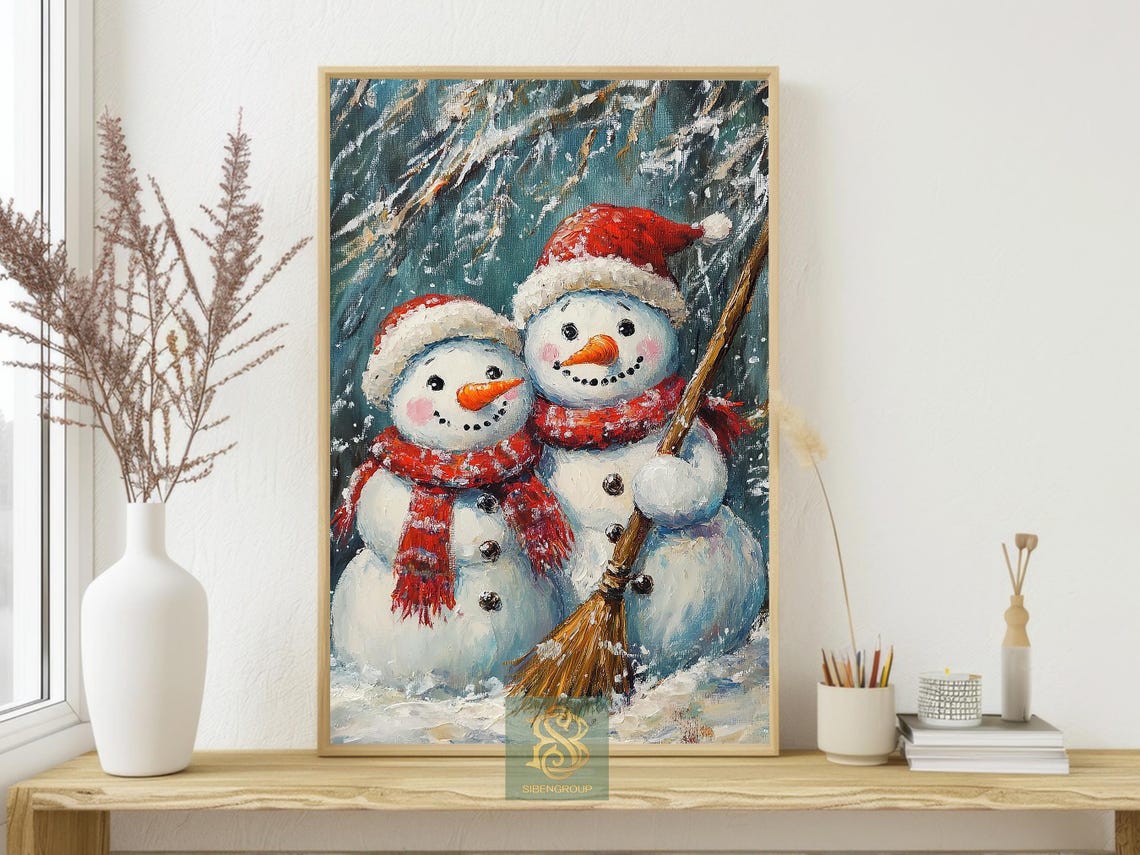 Two Happy Snowmen With Red Scarves And Broom In Snowy Woods Print - Image 4