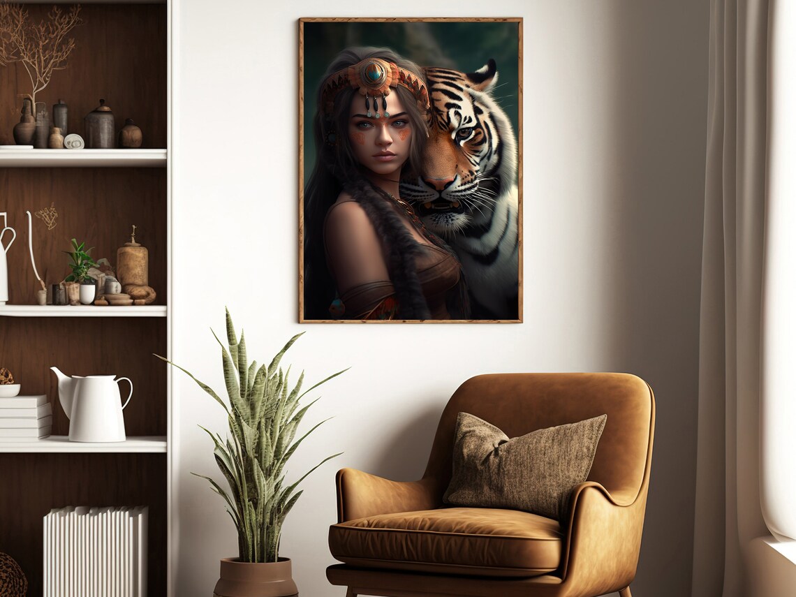 Fierce Tribal Warrior Woman With Majestic Tiger Companion Poster - Image 3