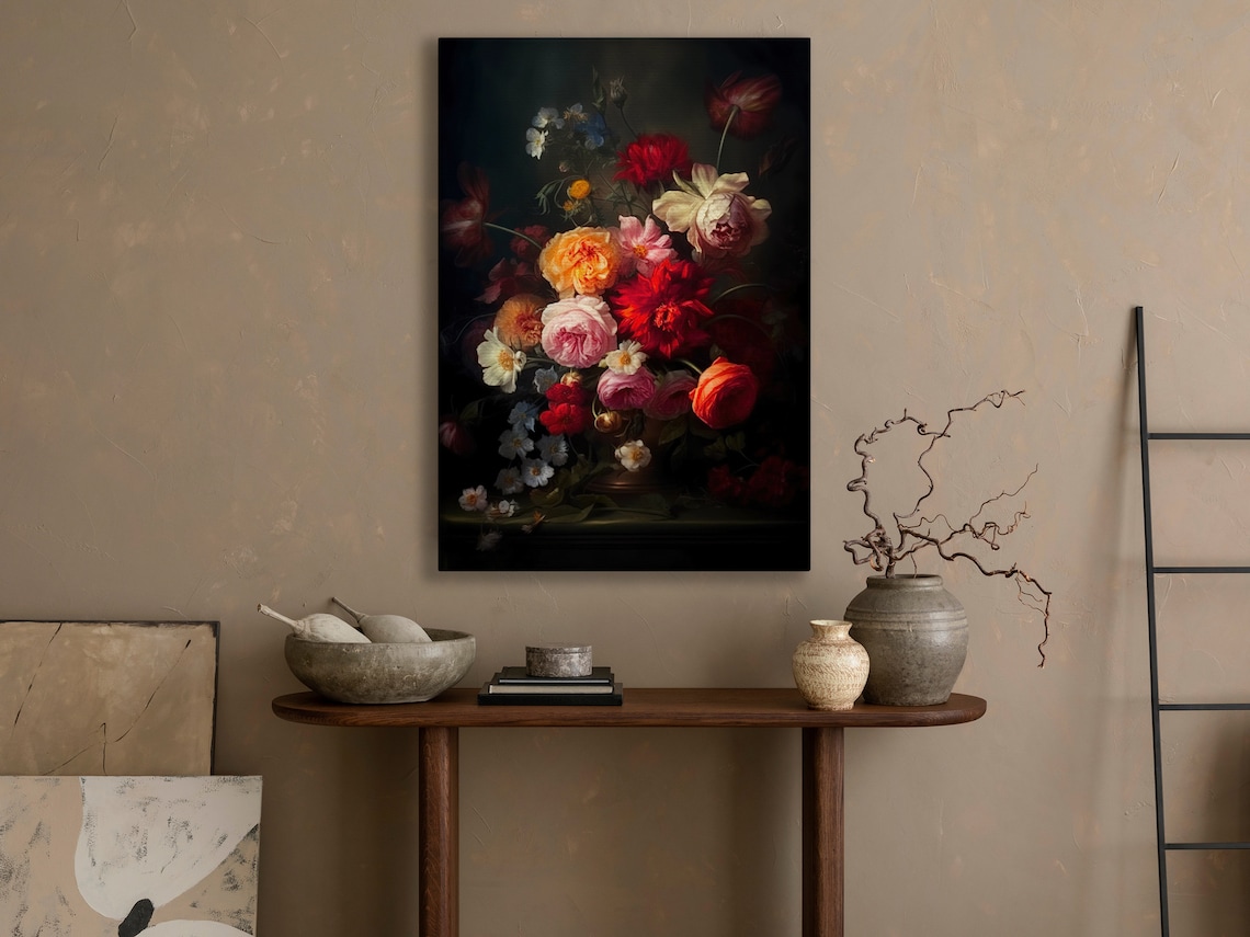 Moody Dutch Master Style Floral Still Life With Red Roses Print - Image 3
