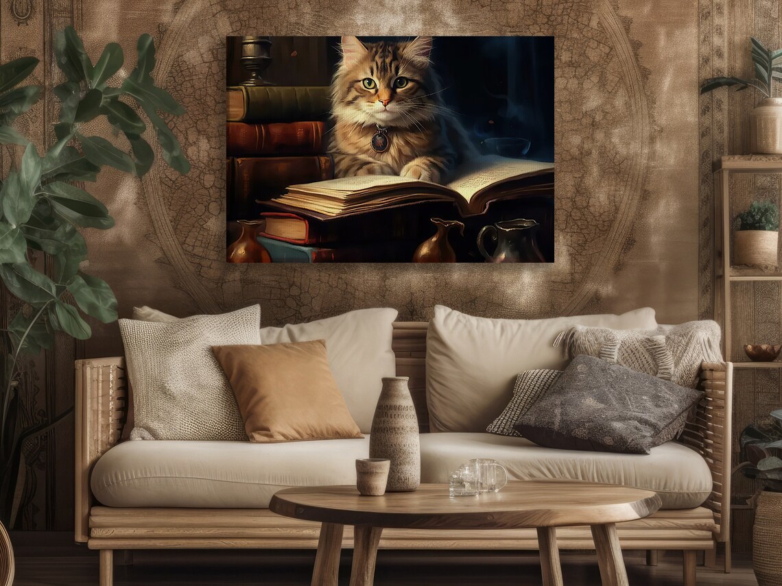 Fluffy Tabby Cat On Old Library Books Vintage Scholar Cat Dark Academia Poster - Image 2