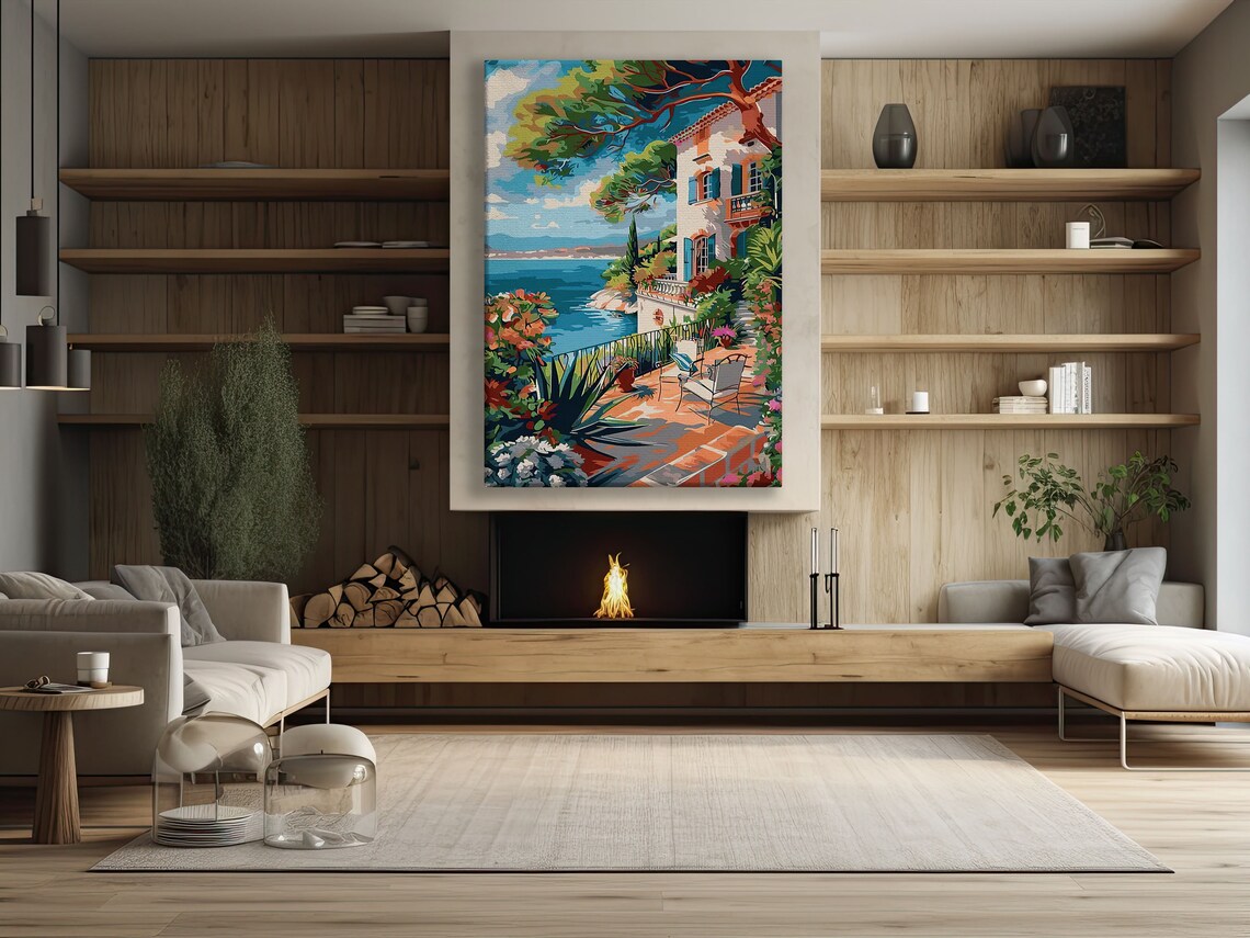 Mediterranean Villa Terrace Overlooking Sparkling Blue Sea Coast Art Print - Image 2