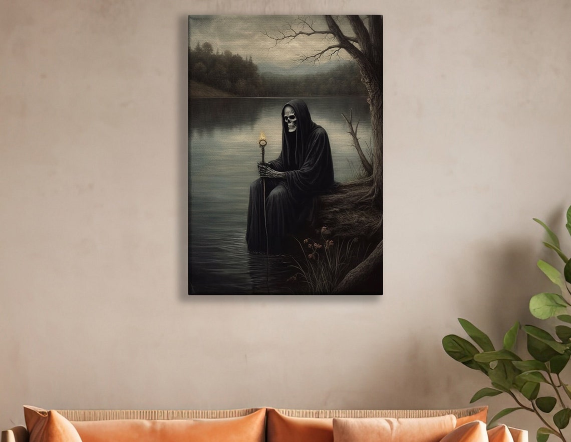 Hooded Grim Reaper Resting By A Misty Lake Holding A Candle Poster - Image 2