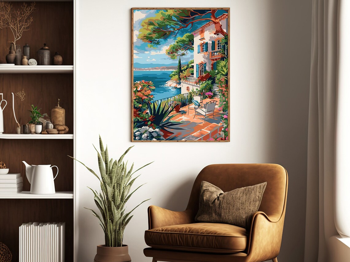 Mediterranean Villa Terrace Overlooking Sparkling Blue Sea Coast Art Print - Image 3