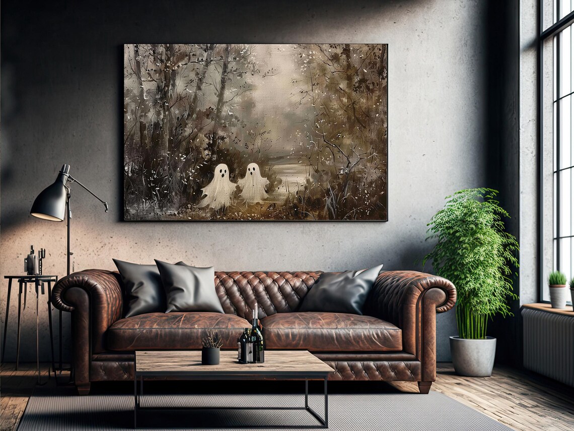 Two Cute Ghosts in Foggy Autumn Woods Painterly Halloween Art Poster - Image 3