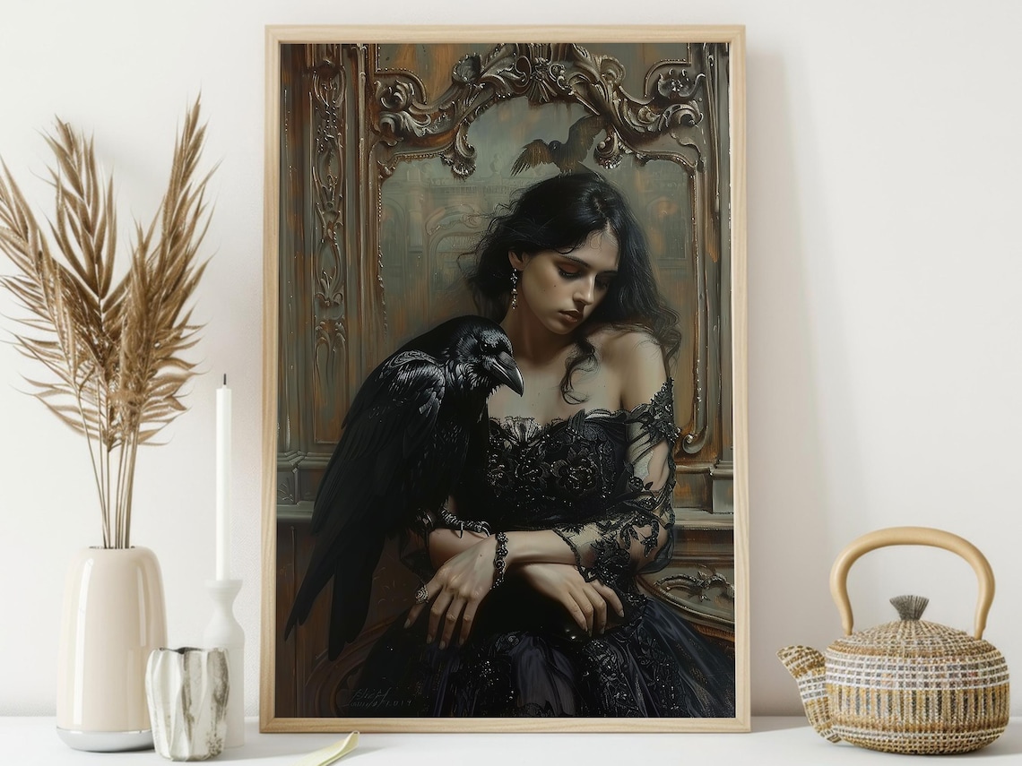 Dark Woman with Raven Crow in Black Lace Gown Gothic Oil Painting Poster - Image 3