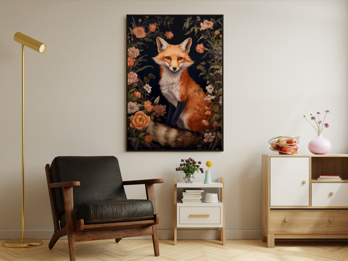 Red Fox Surrounded By Blush Roses Dark Botanical Vintage Wildlife Portrait Print - Image 4